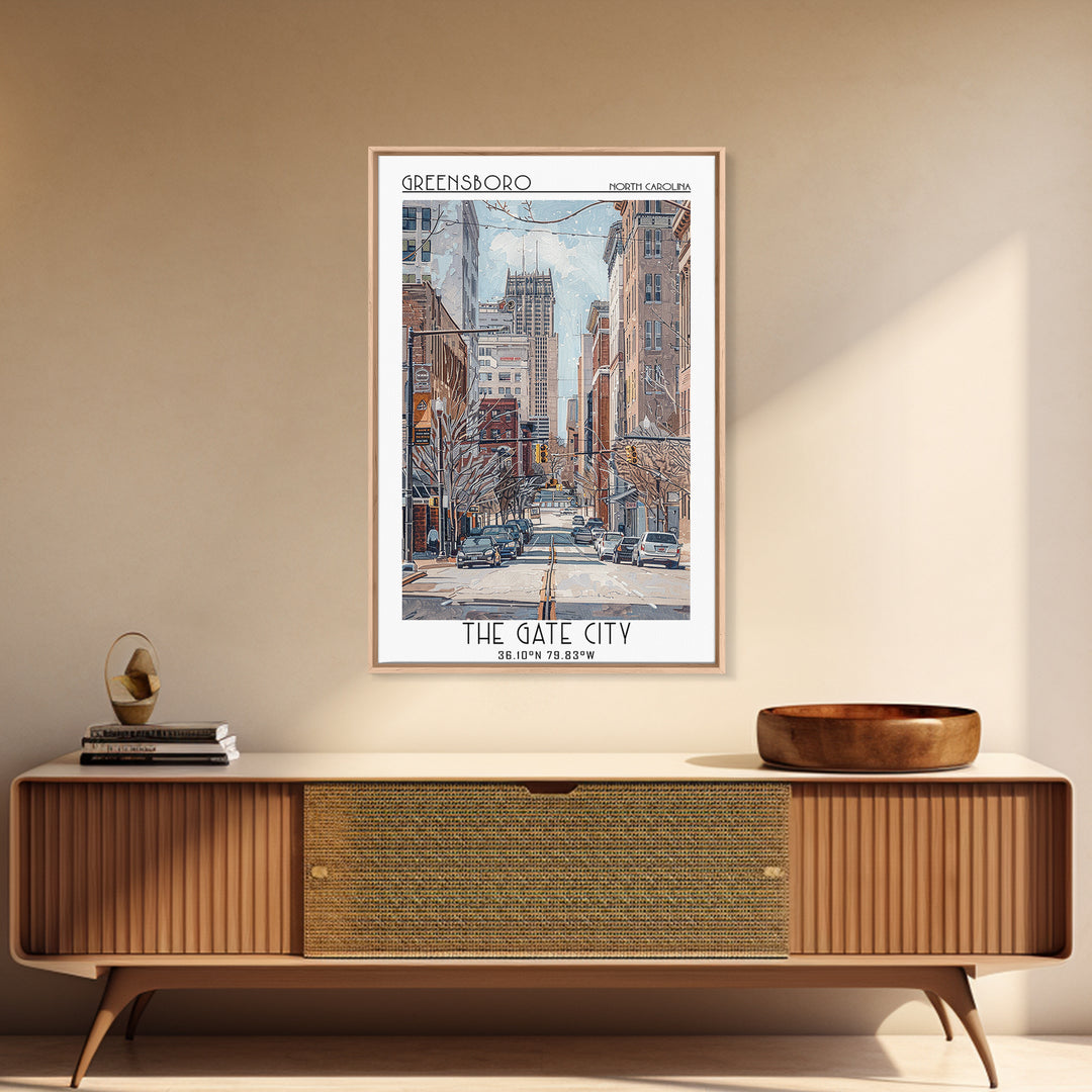 Greensboro Travel Poster, Framed Canvas Print, Retro Wall Art, Travel Print, Vintage Travel, Vintage Travel Print, City Illustration