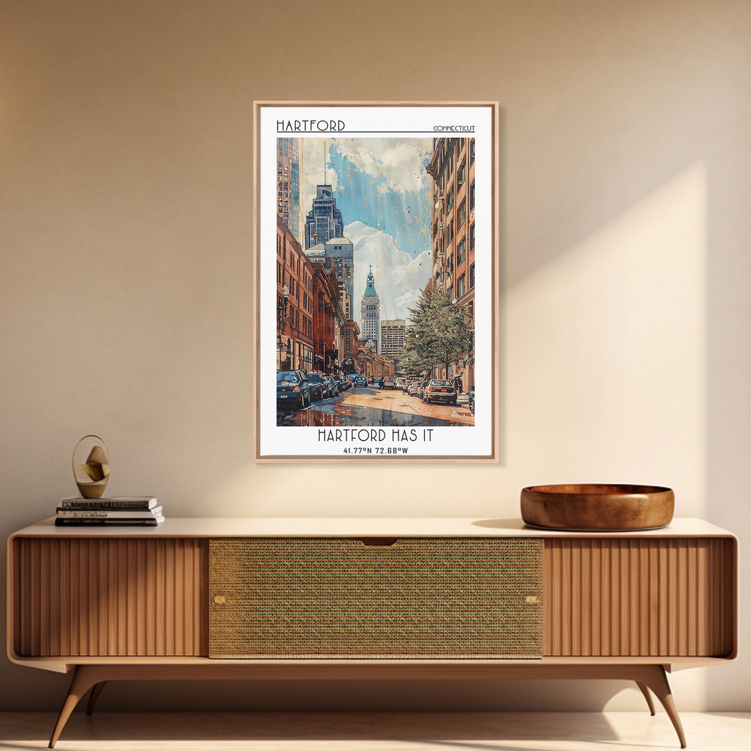 Hartford Travel Poster, Framed Canvas Print, Retro Travel Poster, City Wall Art, Vintage Travel Print, Poster Print, Wanderlust Gift