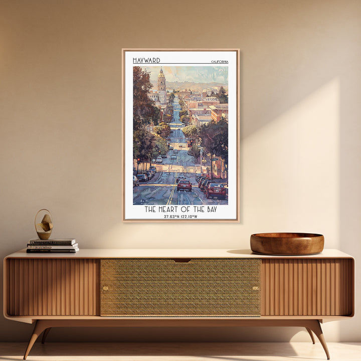 Hayward Travel Poster, Framed Canvas Print, City Travel Poster, Travel Wall Art, Retro Wall Art, Watercolor Cityscape, City Wall Art