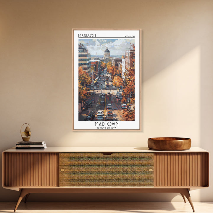 Madison Travel Poster, Framed Canvas Print, Travel Wall Art, City Wall Art, Retro Travel Print, City Art Print, Living Room Wall Art