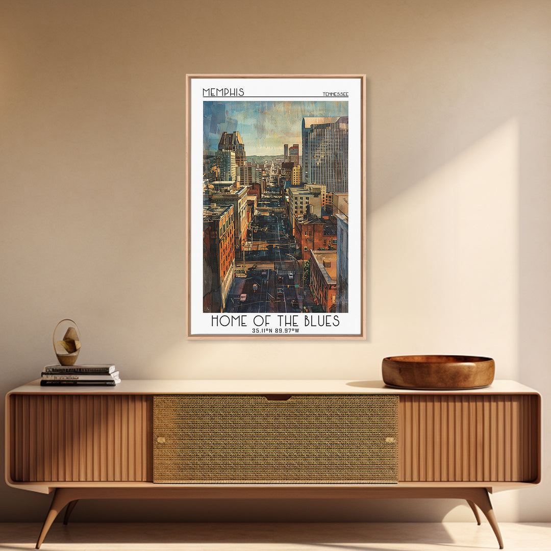 Memphis Travel Poster, Framed Canvas Print, City Art Print, Travel Wall Art, Travel Print, Watercolor Cityscape, Retro Travel Poster