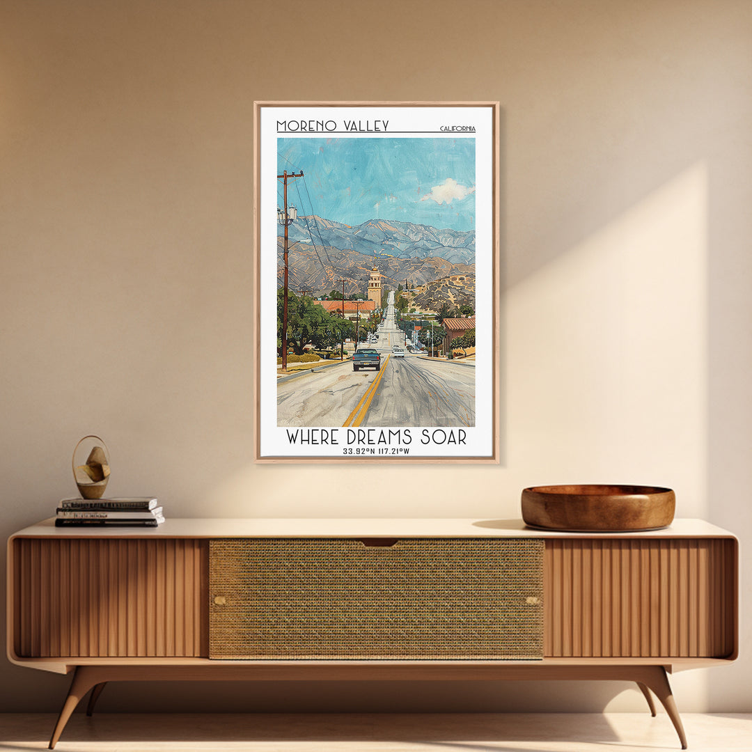 Moreno Valley Travel Poster, Framed Canvas Print, City Art Print, Travel Wall Art, Wall Art, City Travel Poster, Retro Travel Poster
