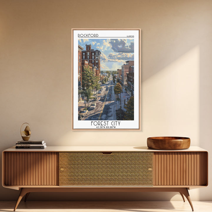 Rockford Travel Poster, Framed Canvas Print, Travel Wall Decor, Minimalist Poster, Travel Wall Art, Travel Prints, City Illustration