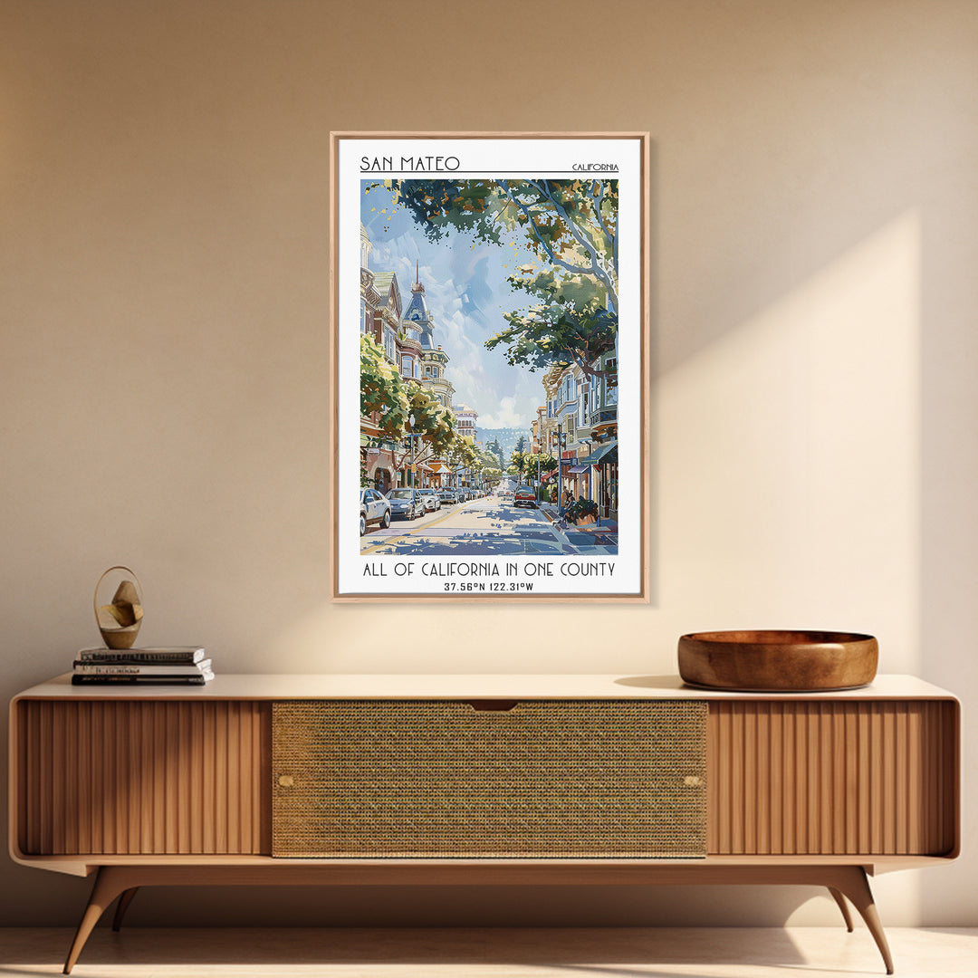 San Mateo Travel Poster, Canvas Print, Retro Wall Art, Travel Print, Fine Art Print, Watercolor Cityscape, Poster Art, Landscape Art