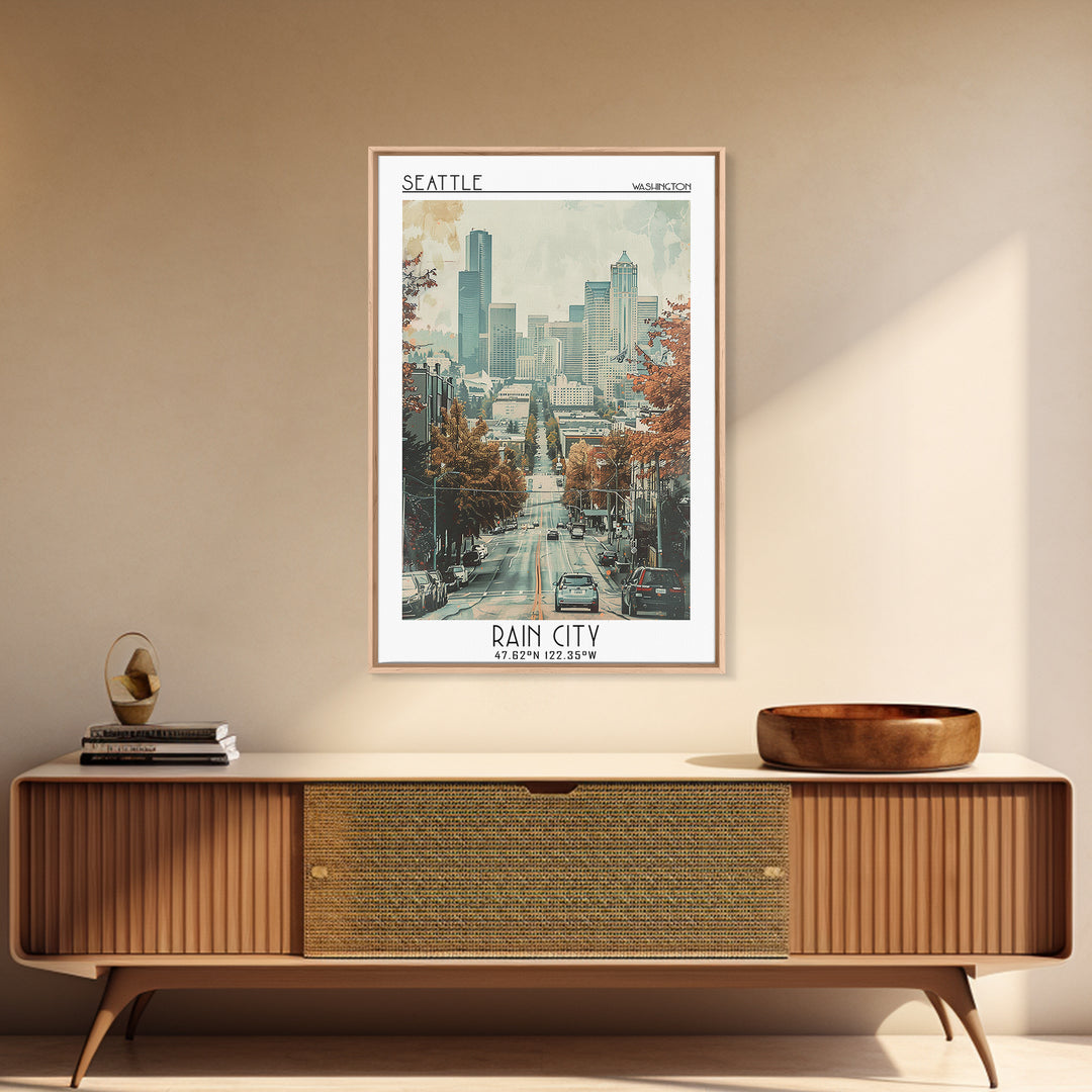 Seattle Travel Poster, Framed Canvas Print, Travel Wall Decor, Minimalist Poster, Landscape Art, Travel Posters, Retro Travel Poster