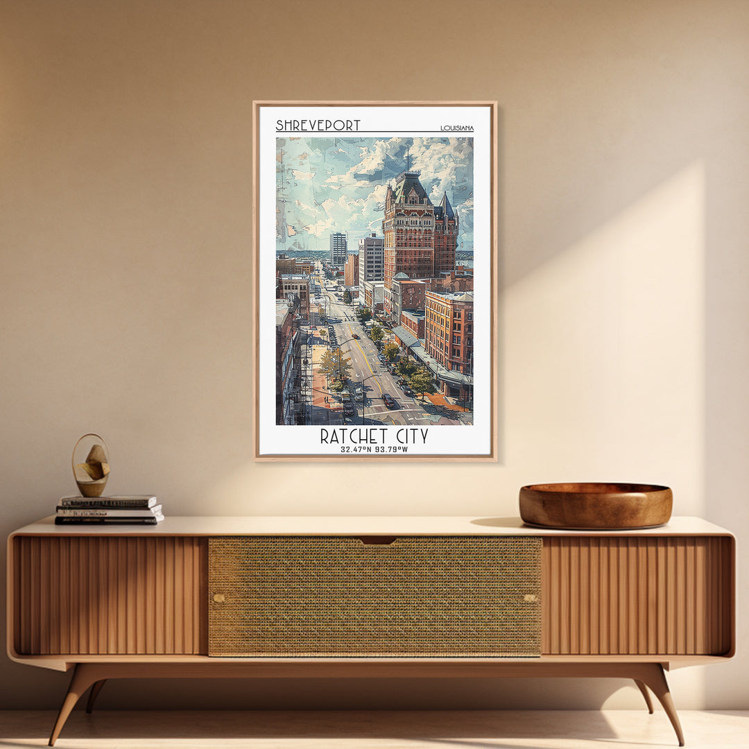 Shreveport Travel Poster, Framed Canvas Print, Retro Travel Poster, City Wall Art, Travel Art Print, Travel Decor, Minimalist Poster