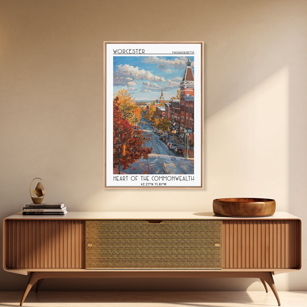Worcester Travel Poster, Canvas Print, City Art Print, Travel Wall Art, Mid Century Wall Art, Gallery Wall Set, Living Room Wall Art