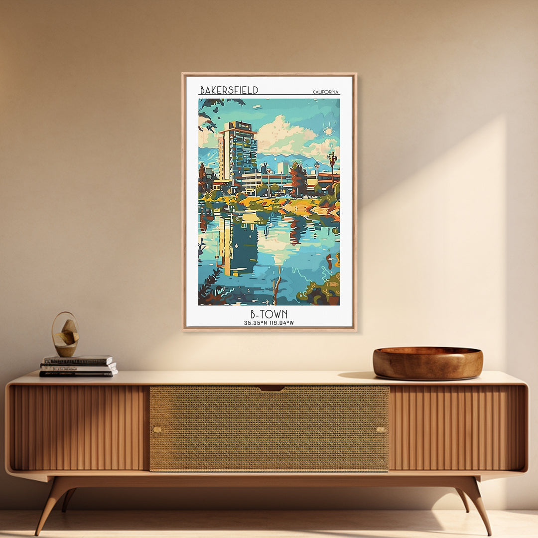 Bakersfield Travel Poster, Framed Canvas Print, Travel Prints, Landscape Art, Retro Wall Art, Vintage Travel Art, City Travel Poster