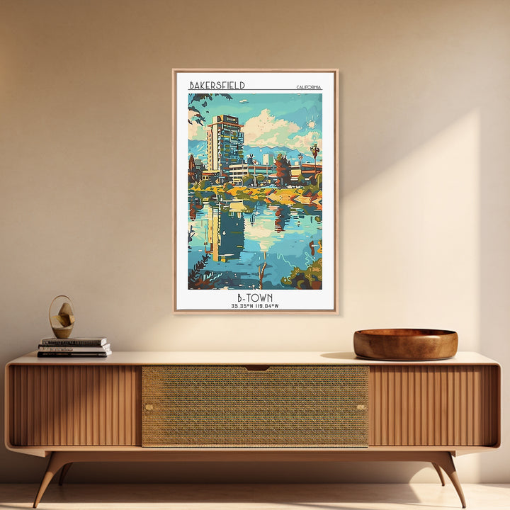 Bakersfield Travel Poster, Framed Canvas Print, Travel Prints, Landscape Art, Retro Wall Art, Vintage Travel Art, City Travel Poster
