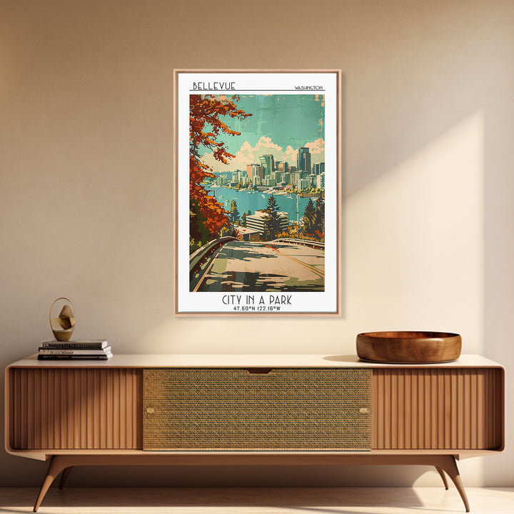 Bellevue Travel Poster, Framed Canvas Print, Retro Wall Art, Travel Print, City Travel Poster, Colorful Wall Art, Retro Travel Print