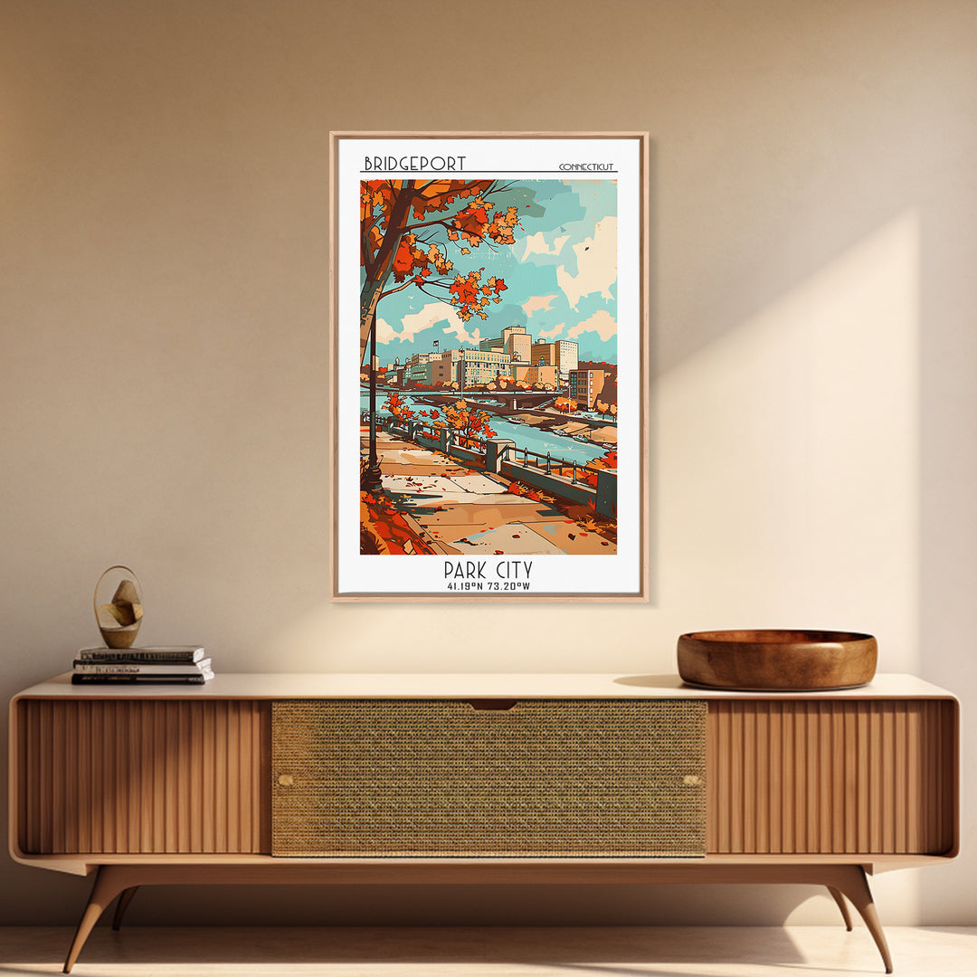 Bridgeport Travel Poster, Framed Canvas Print, City Art Print, Travel Wall Art, Art Print, Retro Travel Poster, Mid Century Wall Art