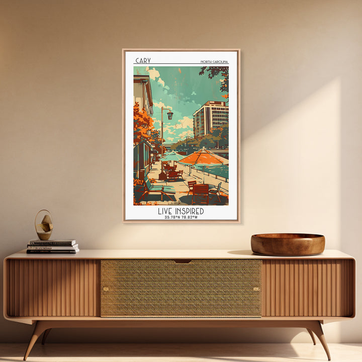 Cary North Carolina Travel Poster, Framed Canvas Print, Retro Wall Art, Travel Print, Art Print, Home Office Decor, Travel Art Print