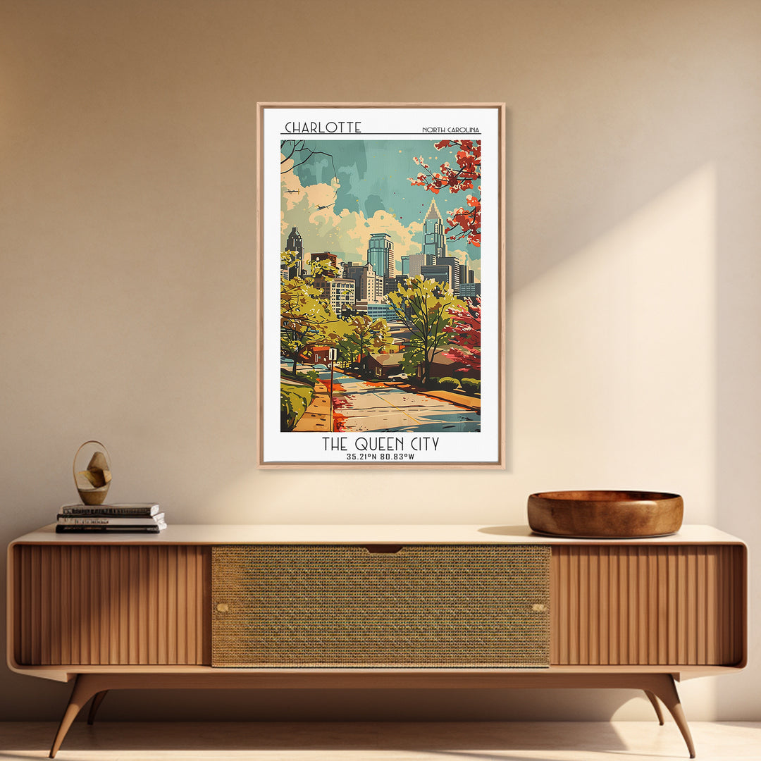 Charlotte North Carolina Travel Poster, Framed Canvas Print, Retro Wall Art, Travel Print, Fine Art Print, Wall Art, Travel Wall Art