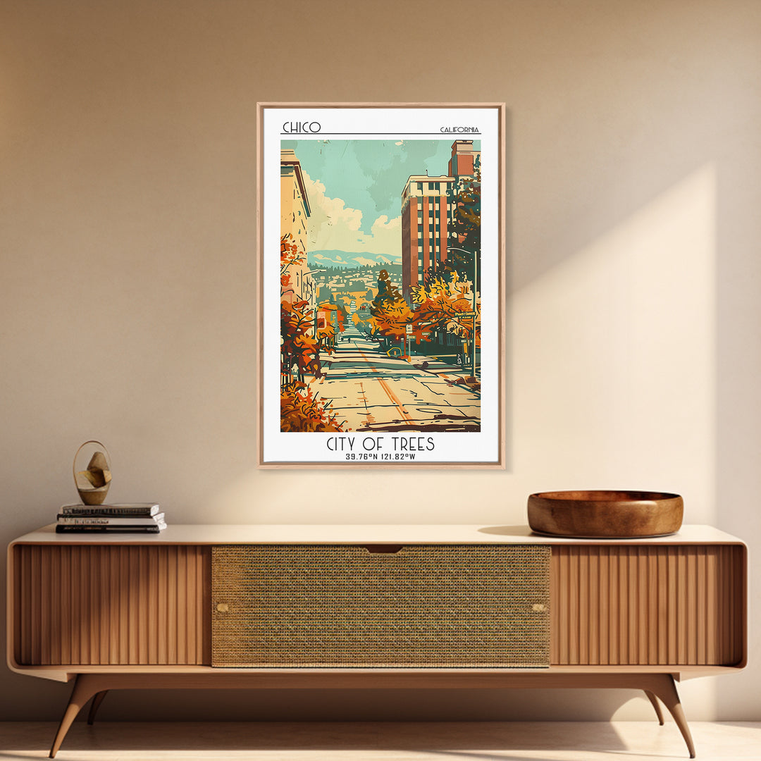 Chico California Travel Poster, Framed Canvas Print, Travel Art Print, Modern Wall Decor, Poster Art, Retro Wall Art, Travel Posters