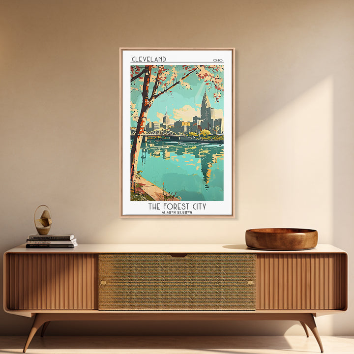 Cleveland Travel Poster, Framed Canvas Print, Travel Wall Decor, Minimalist Poster, Retro Wall Art, Travel Decor, Retro Travel Print
