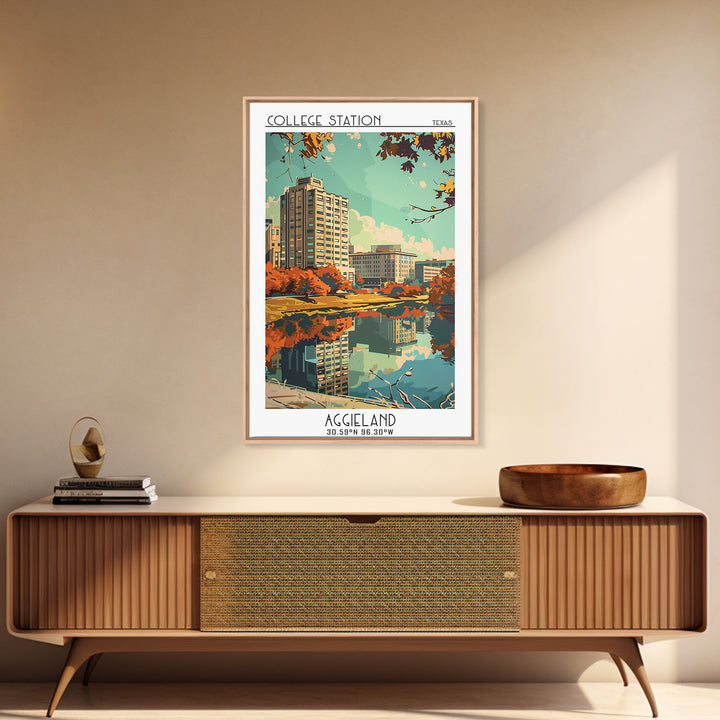 College Station Texas Travel Poster, Framed Canvas Print, Travel Prints, Landscape Art, Poster Art, Wanderlust Gift, Vintage Posters