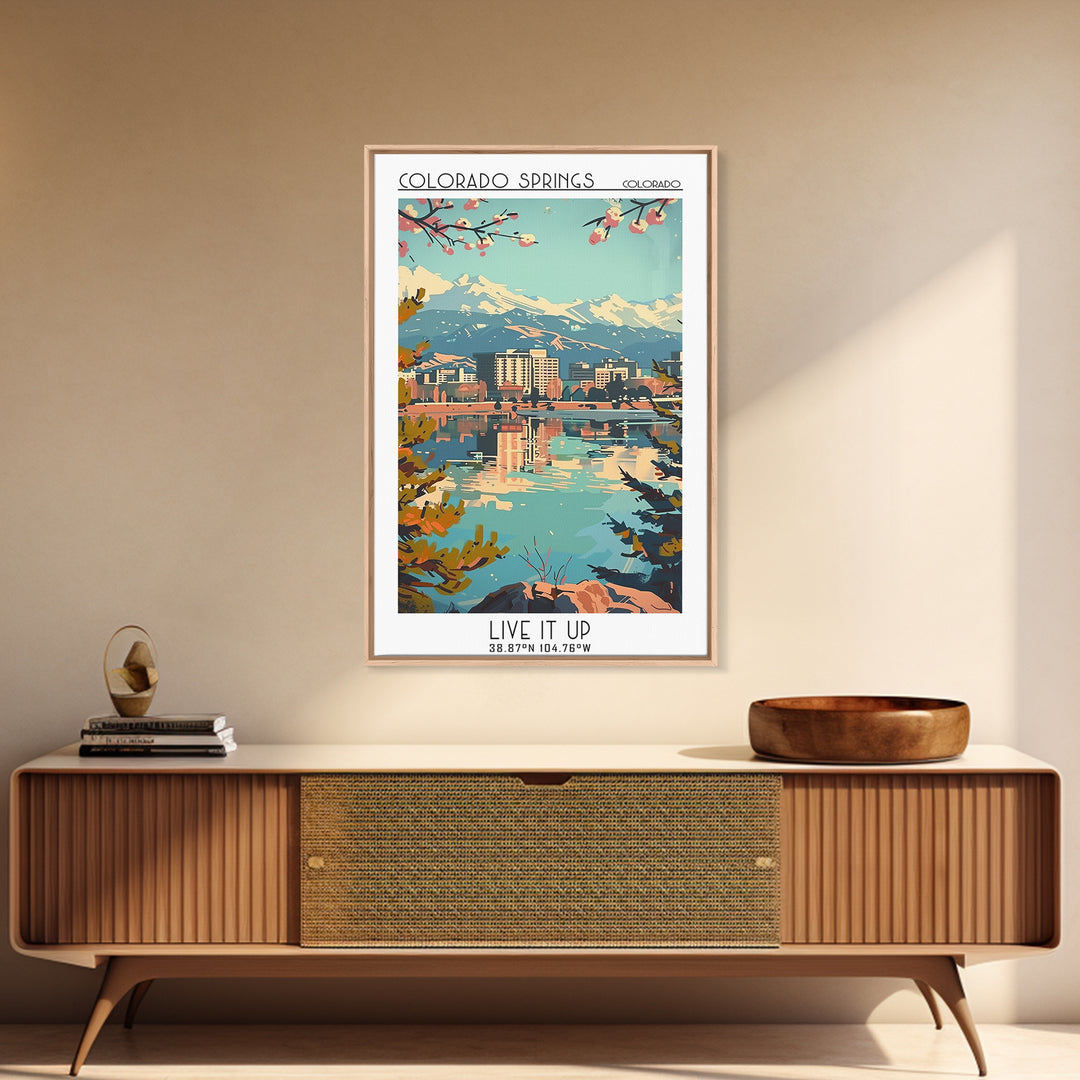Colorado Springs Colorado Travel Poster, Framed Canvas Print, Retro Travel Poster, City Wall Art, Mid Century Wall Art, Travel Print