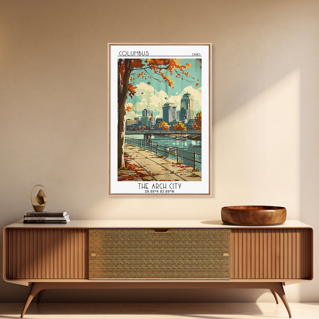 Columbus Ohio Travel Poster, Framed Canvas Print, Travel Art Print, Modern Wall Decor, Colorful Wall Art, Wanderlust Gift, Art Print