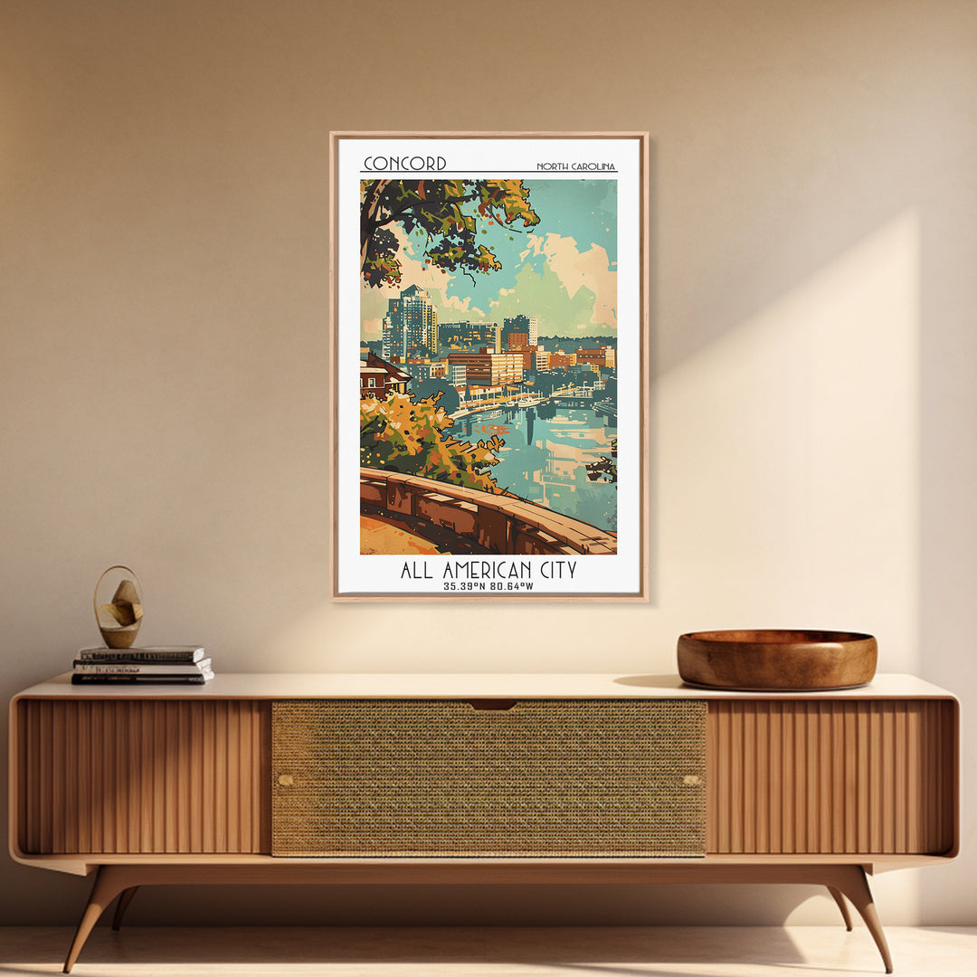 Concord North Carolina Travel Poster, Framed Canvas Print, City Travel Poster, Travel Wall Art, Travel Wall Decor, City Illustration