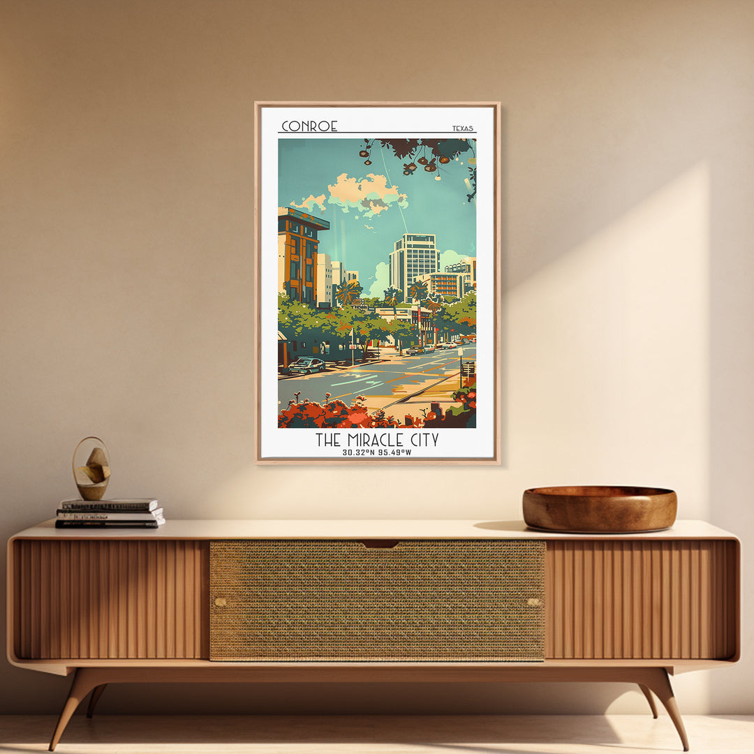 Conroe Travel Poster, Canvas Print, Travel Wall Art, City Wall Art, Fine Art Print, Colorful Wall Art, Wall Art, Retro Travel Poster