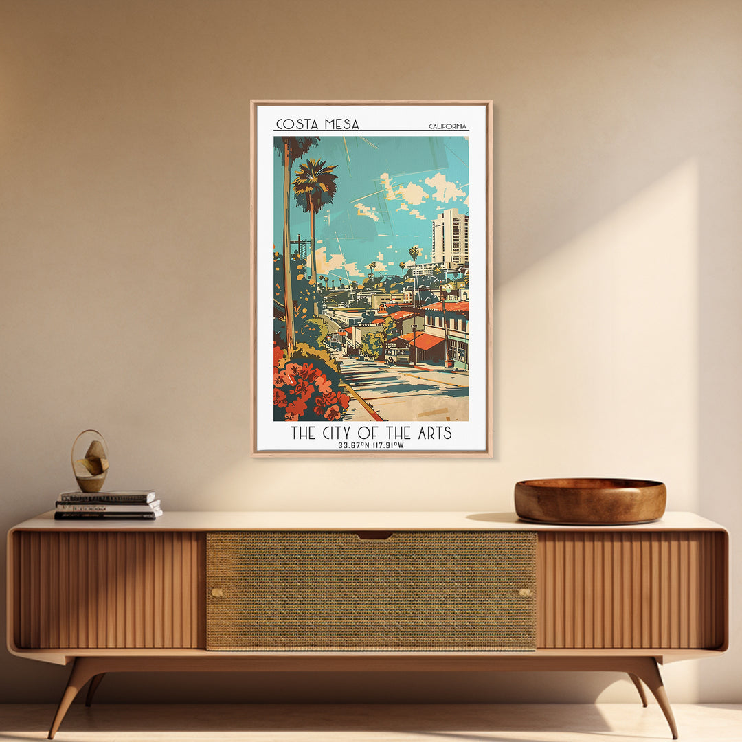 Costa Mesa California Travel Poster, Framed Canvas Print, Travel Prints, Landscape Art, Retro Wall Art, Art Print, City Illustration