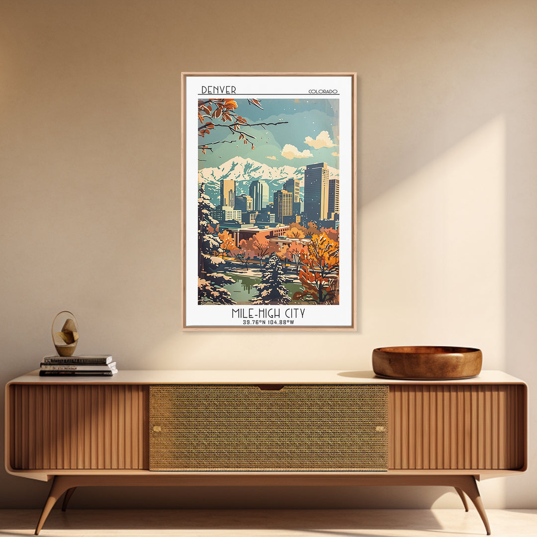 Denver Travel Poster, Framed Canvas Print, City Art Print, Travel Wall Art, Gallery Wall Set, City Illustration, Vintage City Poster
