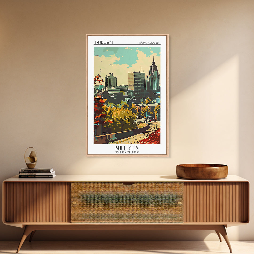 Durham Travel Poster, Framed Canvas Print, Travel Wall Art, City Wall Art, Watercolor Cityscape, Modern Wall Decor, Gallery Wall Set
