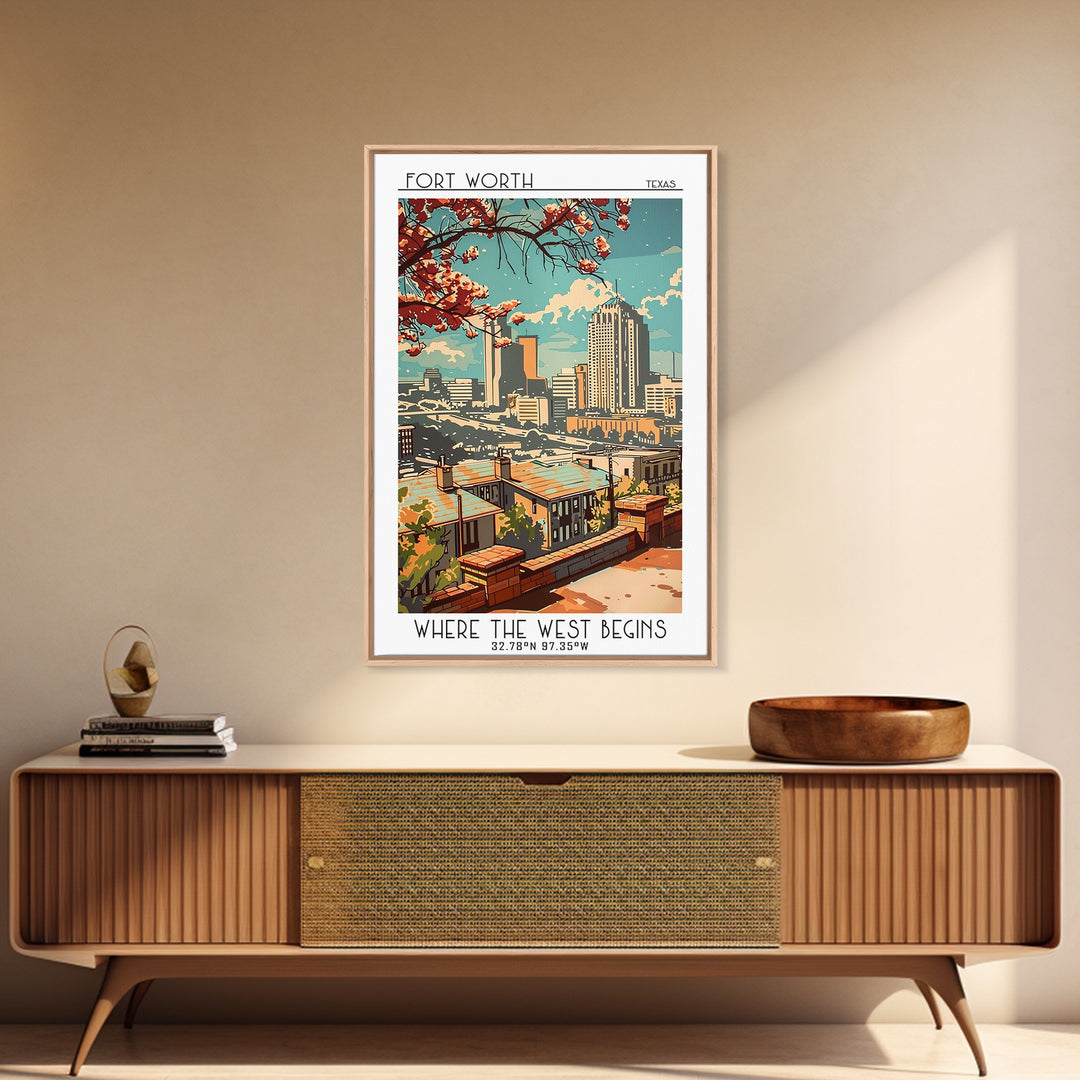 Fort Worth Texas Travel Poster, Framed Canvas Print, Travel Prints, Landscape Art, Modern Wall Decor, Travel Decor, Gallery Wall Set