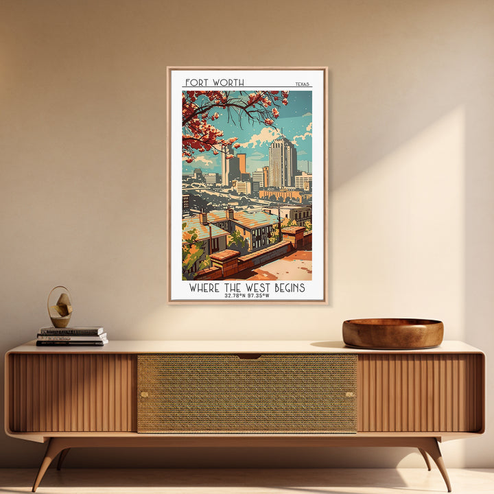 Fort Worth Texas Travel Poster, Framed Canvas Print, Travel Prints, Landscape Art, Modern Wall Decor, Travel Decor, Gallery Wall Set