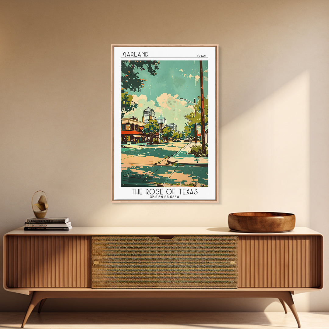 Garland Texas Travel Poster, Framed Canvas Print, Retro Travel Poster, City Wall Art, Wanderlust Gift, Vintage Travel, Landscape Art
