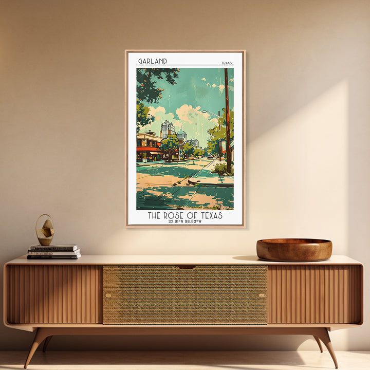 Garland Texas Travel Poster, Framed Canvas Print, Retro Travel Poster, City Wall Art, Wanderlust Gift, Vintage Travel, Landscape Art
