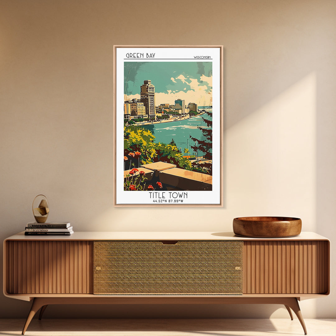 Green Bay Travel Poster, Framed Canvas Print, Retro Travel Poster, City Wall Art, Art Print, Minimalist Poster, Mid Century Wall Art