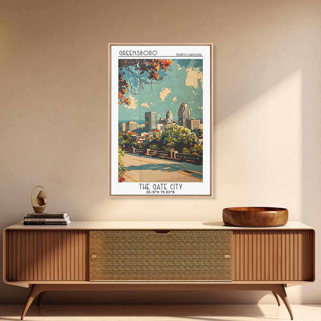 Greensboro Travel Poster, Framed Canvas Print, Retro Wall Art, Travel Print, Living Room Wall Art, Minimalist Poster, Fine Art Print