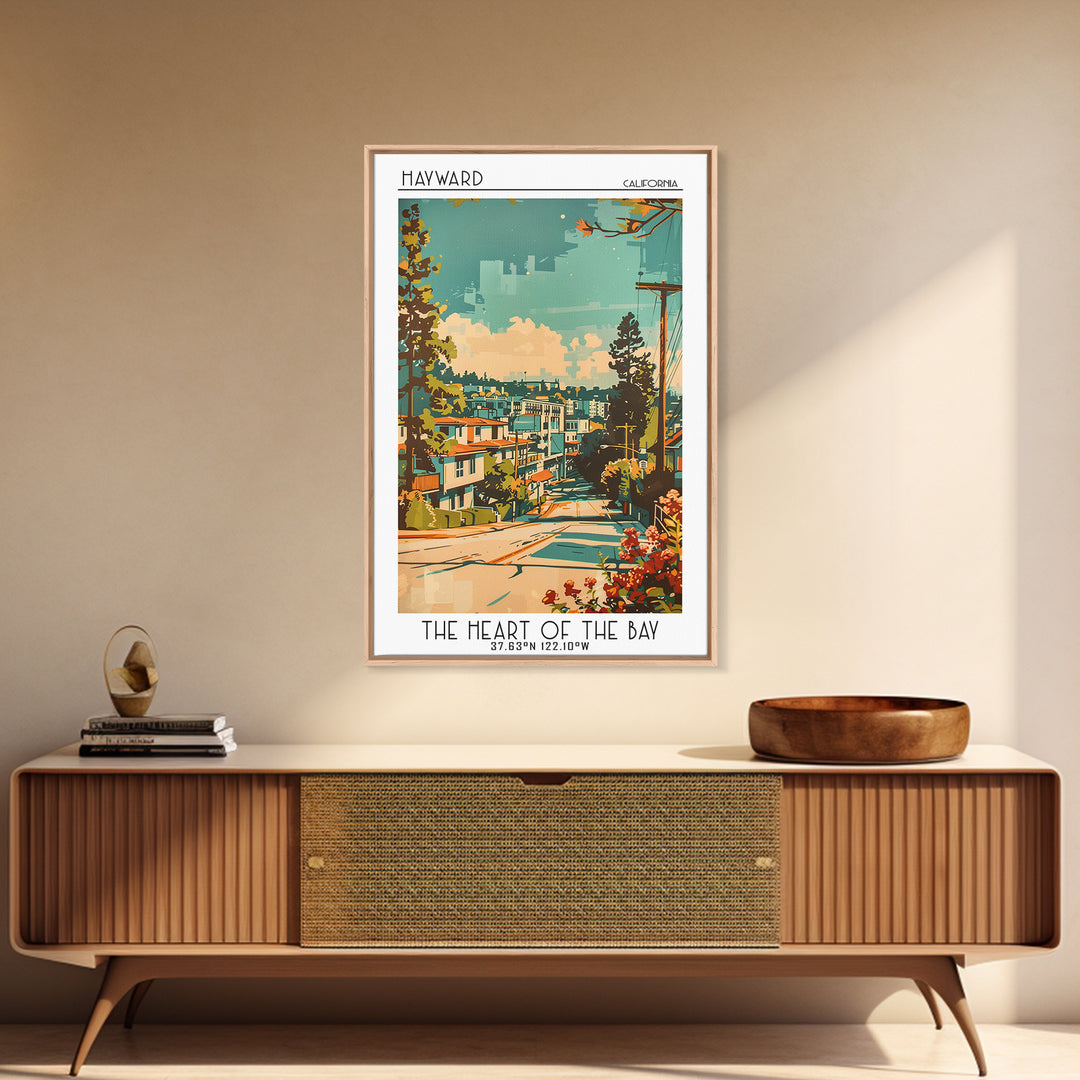 Hayward Travel Poster, Framed Canvas Print, Retro Travel Poster, City Wall Art, Landscape Art, Vintage Travel Art, City Illustration