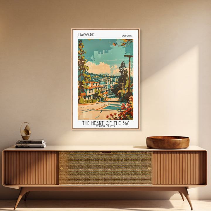 Hayward Travel Poster, Framed Canvas Print, Retro Travel Poster, City Wall Art, Landscape Art, Vintage Travel Art, City Illustration