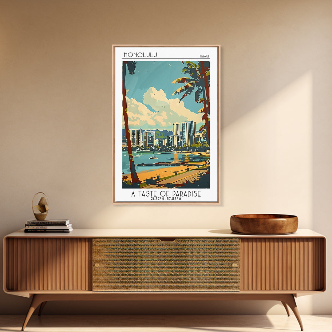 Honolulu Travel Poster, Framed Canvas Print, Poster Print, Travel Wall Art, Fine Art Print, Travel Decor, Art Print, Wanderlust Gift