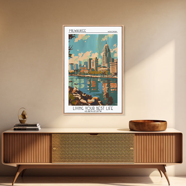 Milwaukee Wisconsin Travel Poster, Framed Canvas Print, Retro Wall Art, Travel Print, Mid Century Wall Art, Poster Art, Poster Print