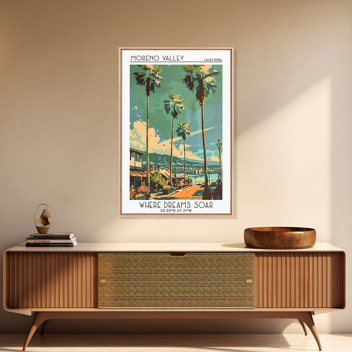 Moreno Valley California Travel Poster, Framed Canvas Print, Travel Wall Art, City Wall Art, Living Room Wall Art, City Illustration