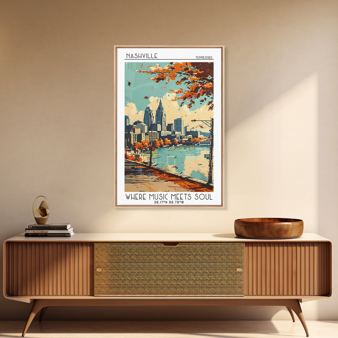 Nashville Tennessee Travel Poster, Framed Canvas Print, Travel Prints, Landscape Art, Poster Print, Mid Century Wall Art, Poster Art