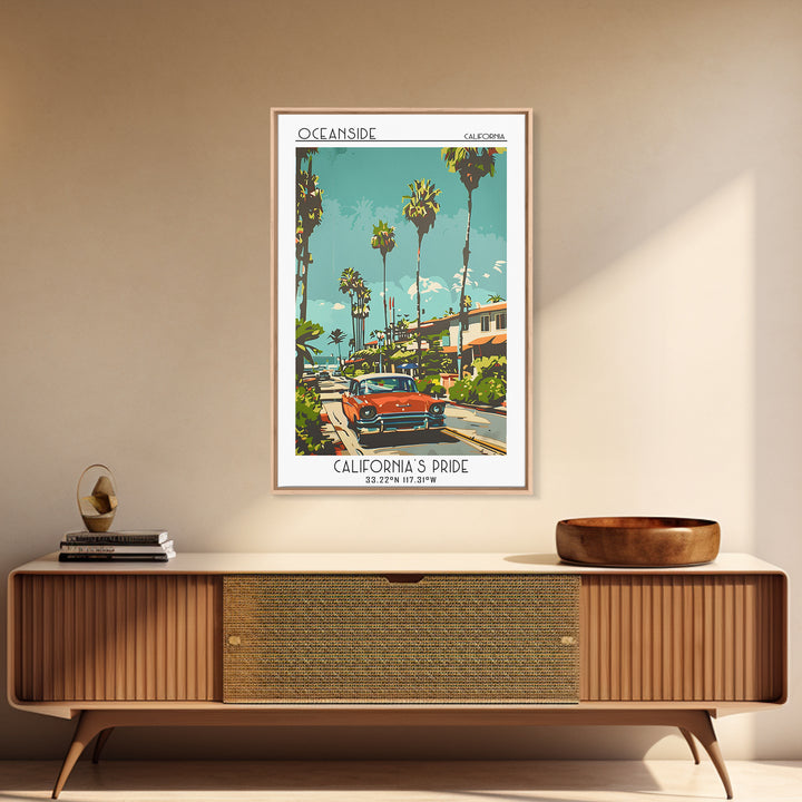 Oceanside Travel Poster, Framed Canvas Print, Travel Prints, Landscape Art, Wanderlust Gift, Mid Century Wall Art, Minimalist Poster