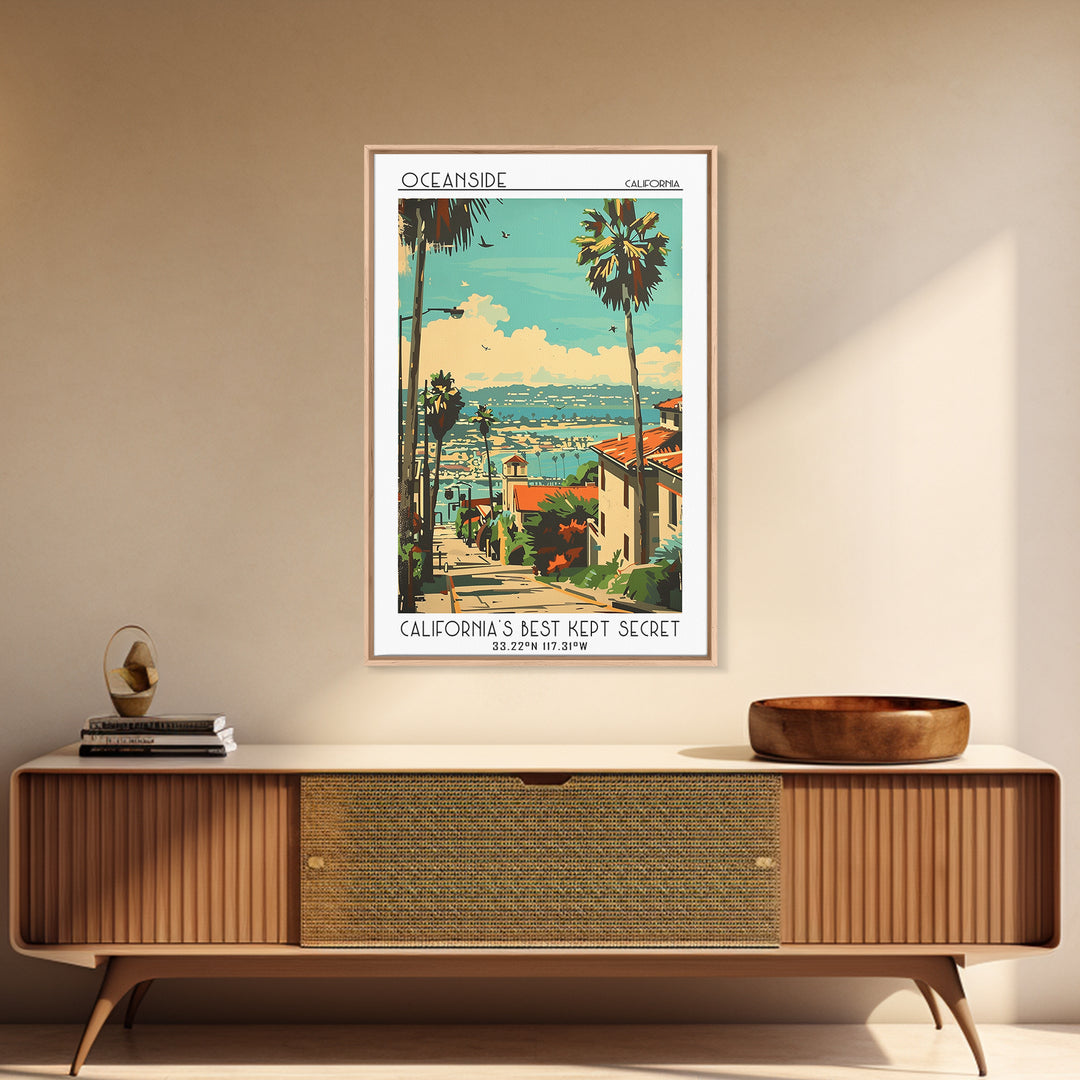 Oceanside California Travel Poster, Framed Canvas Print, Retro Travel Poster, City Wall Art, Home Decor, Landscape Art, Travel Decor