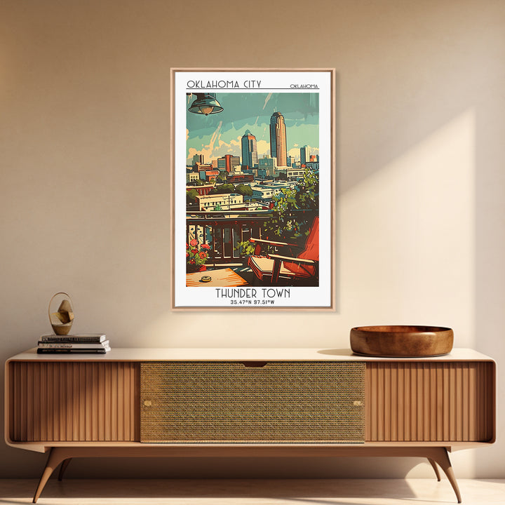 Oklahoma City Oklahoma Travel Poster, Framed Canvas Print, Travel Wall Art, City Wall Art, Watercolor Cityscape, Retro Travel Poster
