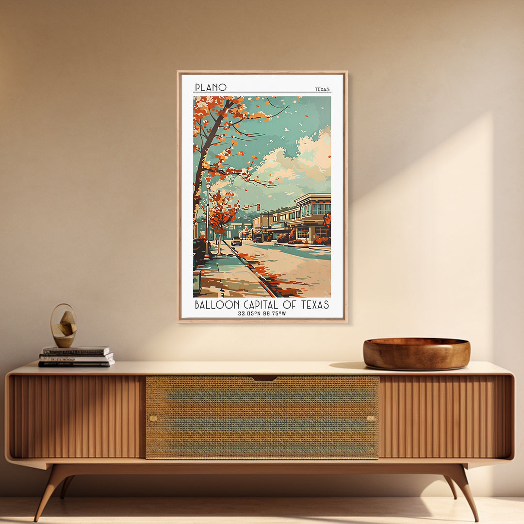 Plano Texas Travel Poster, Framed Canvas Print, Travel Prints, Landscape Art, Retro Travel Poster, Vintage Travel, City Illustration