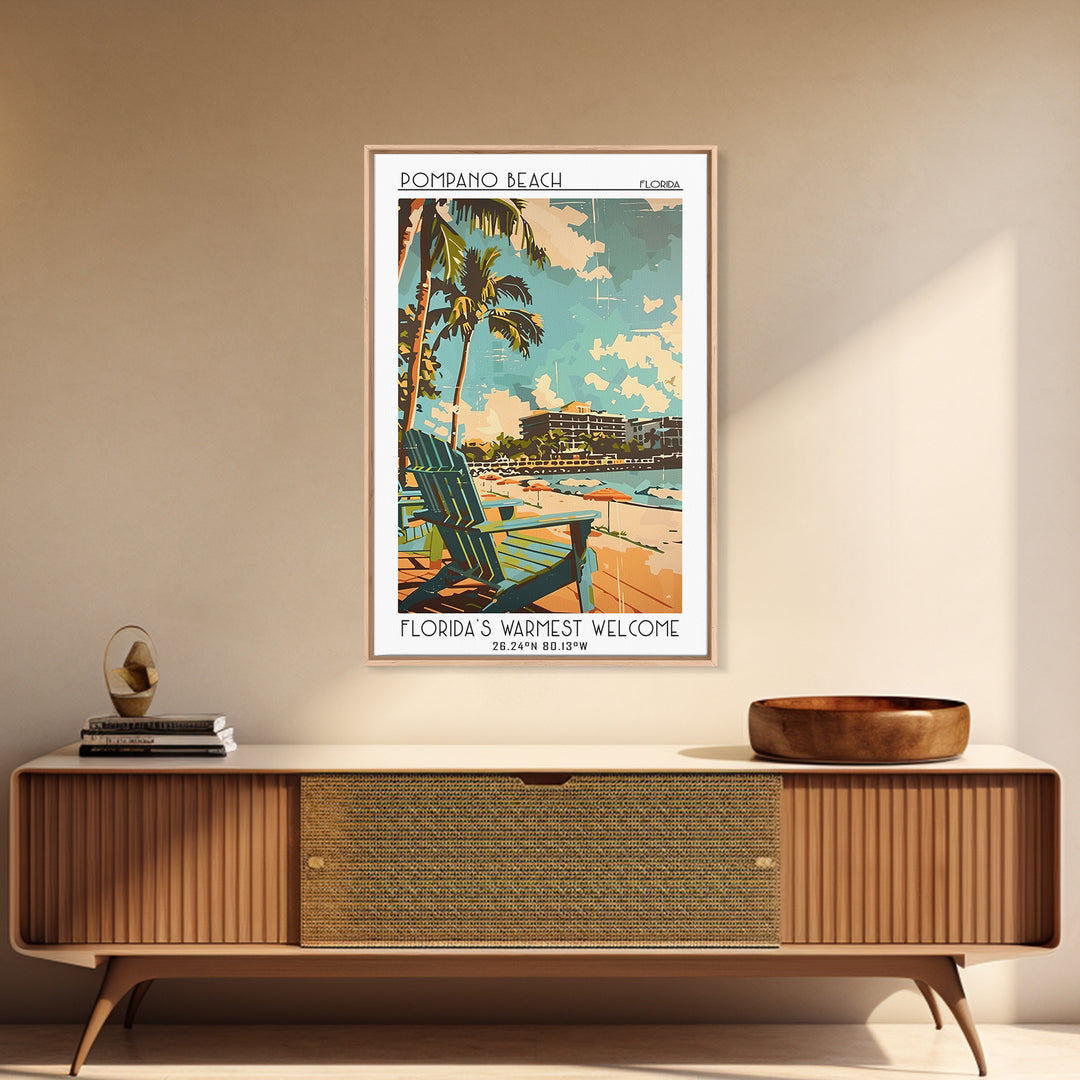 Pompano Beach Travel Poster, Framed Canvas Print, Retro Wall Art, Travel Print, City Illustration, Minimalist Poster, Vintage Travel