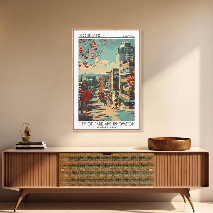 Rochester Minnesota Travel Poster, Framed Canvas Print, Retro Wall Art, Travel Print, Mid Century Wall Art, Fine Art Print, Wall Art