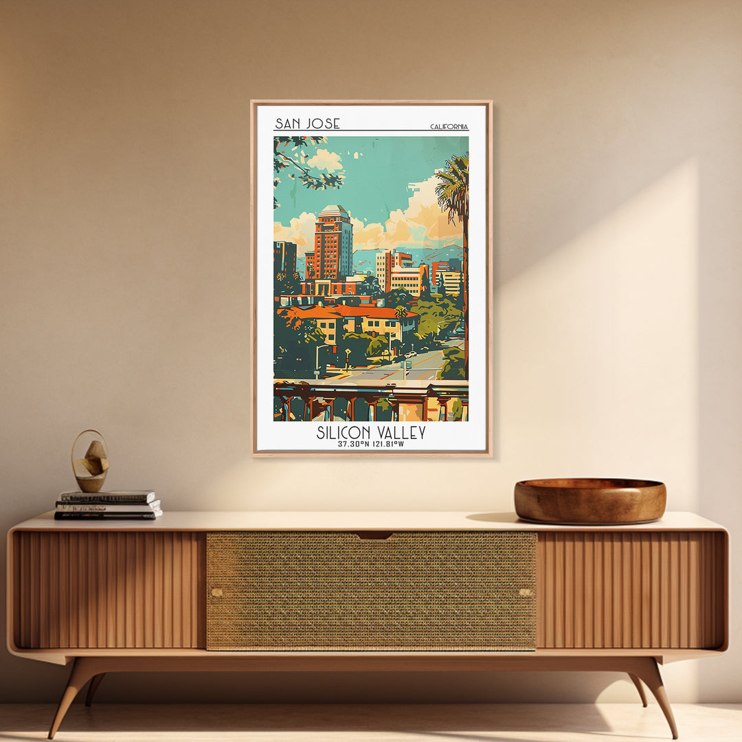 San Jose California Travel Poster, Framed Canvas Print, Travel Prints, Landscape Art, Vintage Travel Print, Wall Art, Retro Wall Art