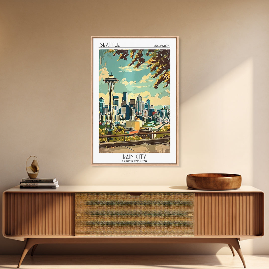 Seattle Washington Travel Poster, Canvas Print, City Travel Poster, Travel Wall Art, Retro Wall Art, Colorful Wall Art, Travel Decor