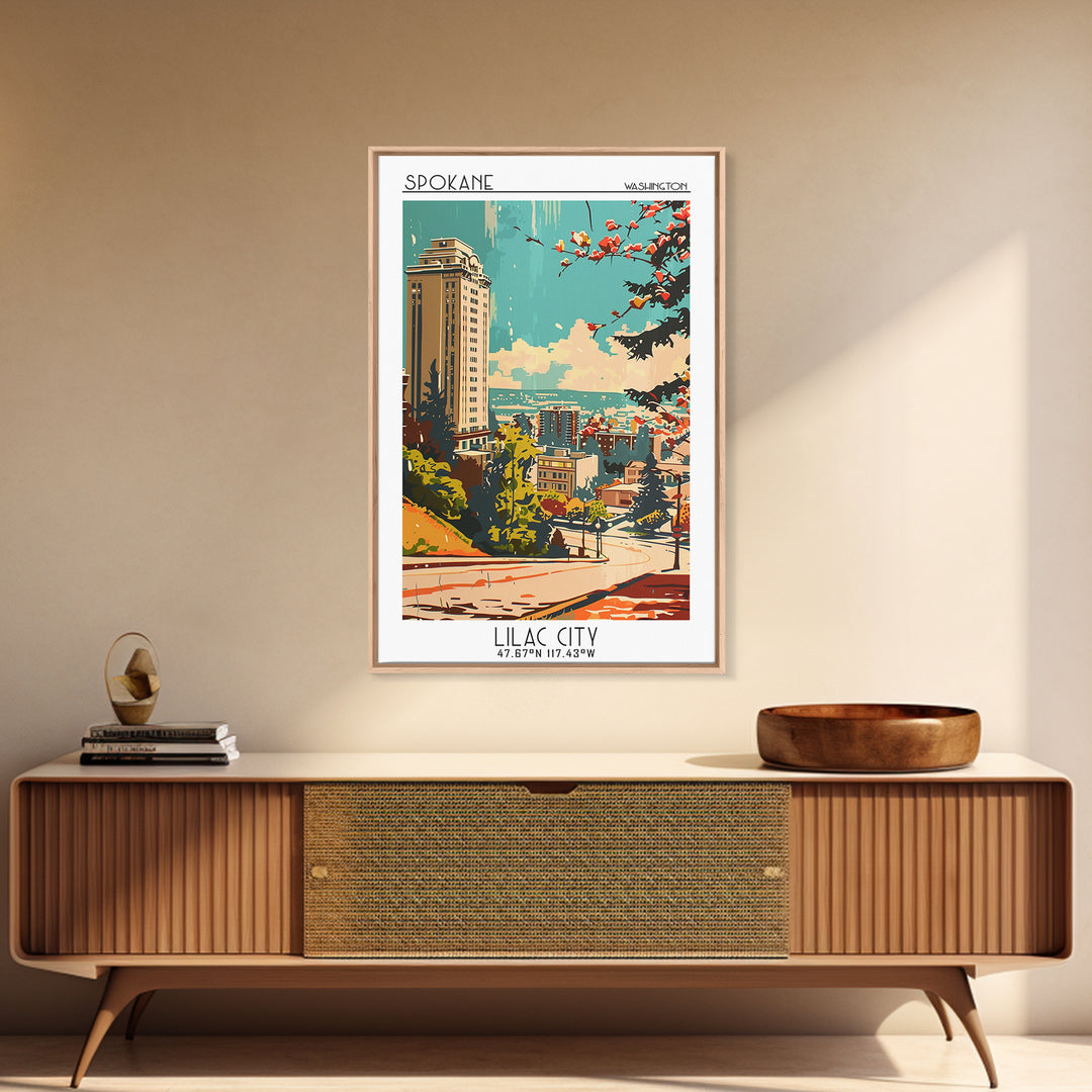 Spokane Washington Travel Poster, Framed Canvas Print, Travel Prints, Landscape Art, Travel Art Print, Wanderlust Gift, Travel Print