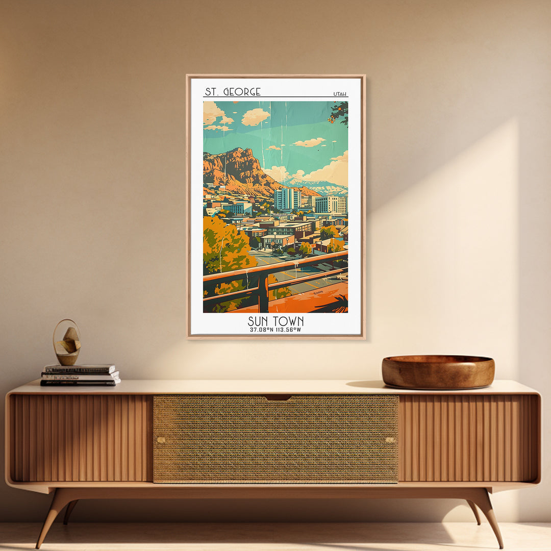 St George Utah Travel Poster, Framed Canvas Print, Travel Wall Art, City Wall Art, Poster Print, City Travel Poster, Vintage Posters