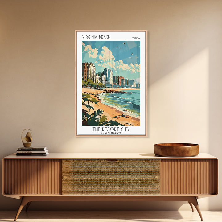 Virginia Beach Travel Poster, Framed Canvas Print, Travel Prints, Landscape Art, Wall Art, Home Decor, Travel Wall Art, Travel Print